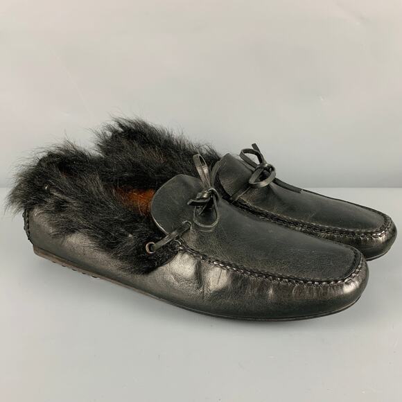 CAR SHOE Size 8 Black Leather Fur Trim Drivers Loafers - Picture 1 of 7